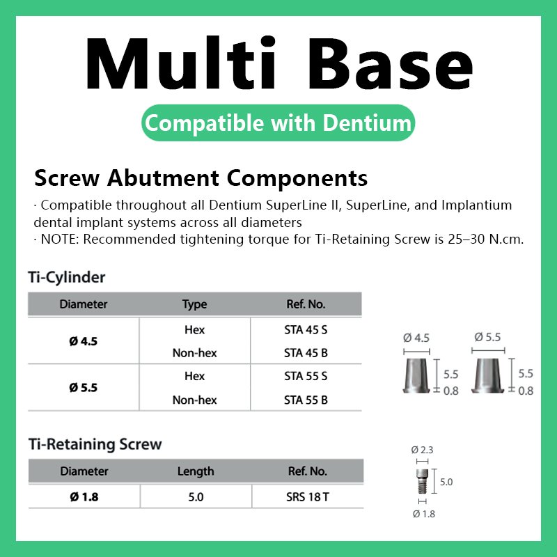 Multi Base compatible with Dentium Diameters DØ4.5 and DØ5.5, available in Hex (STA 45 S, STA 55 S) and Non-hex (STA 45 B, STA 55 B).