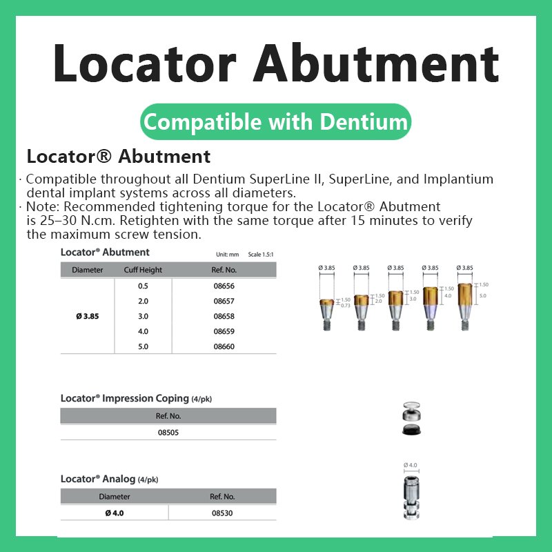 Locator Abutment compatible with Dentium, Diameter 03.85, Cuff Heights: 0.5, 2.0, 3.0, 4.0, 5.0, Ref. No.: 08656, 08657, 08658, 08659, 08660