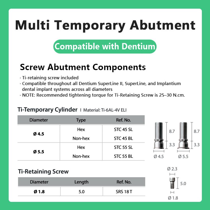 Multi temporary abutment compatible with Dentium systems Ti-retaining screw included tightening torque 25-30 N.cm