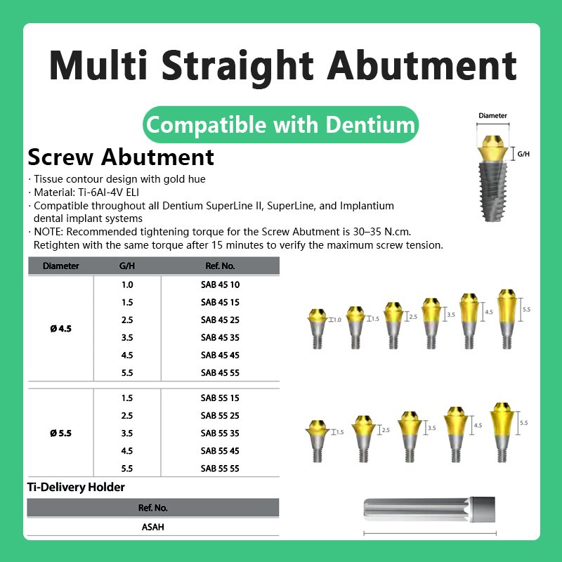 复合直基台 详情1 Multi straight abutment compatible with Dentium systems tissue contour design gold hue material Ti-6Al-4V ELI tightening torque 30-35 N.cm