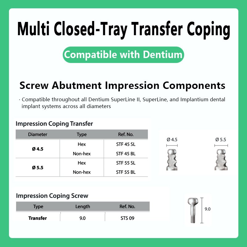 Multi Closed-Tray Transfer Coping compatible with Dentium, Diameter: 04.5, 05.5, Type: Hex, Non-hex, Ref. No.: STF 45 SL, STF 45 BL, STF 55 SL, STF 55 BL