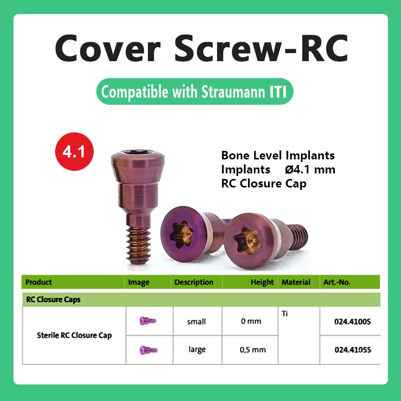 Cover Screw-RC compatible with Straumann ITI RC Closure Caps, Type: Sterile RC Closure Cap, Sizes: Small (0 mm), Large (0.5 mm), Material: Ti, Ref. No.: 024.4100S, 024.4105S