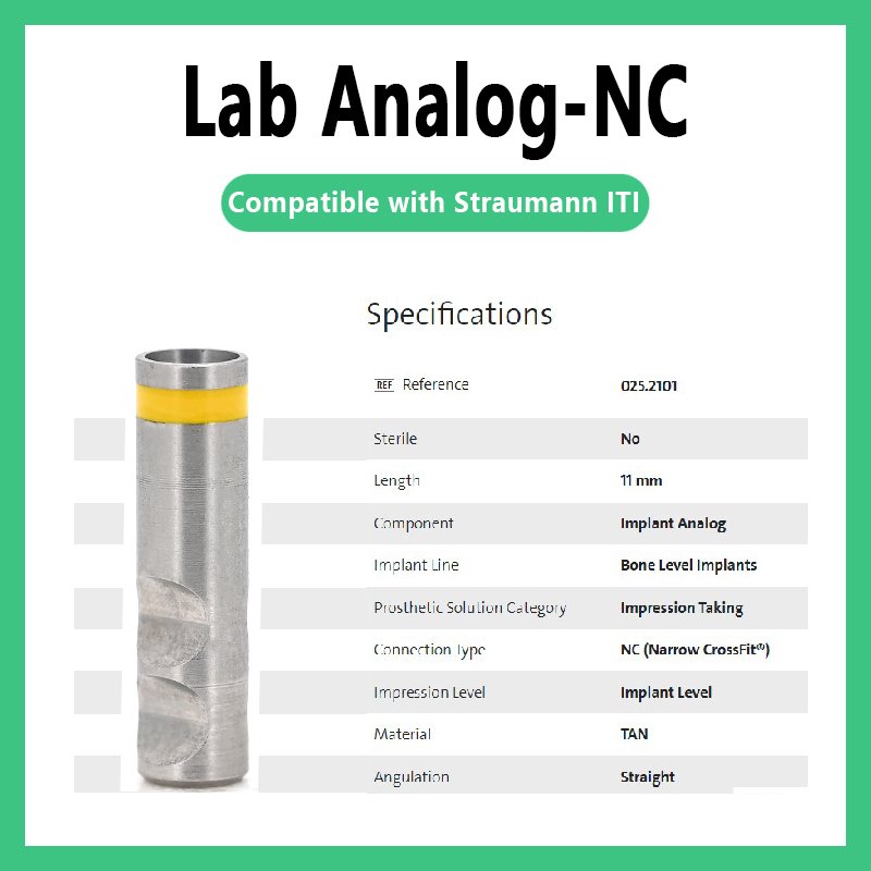 Lab Analog-NC compatible with Straumann ITI NC Bone Level Implant Analog, 11mm length, tan, designed for Narrow CrossFit (NC) implants, used for impression components.