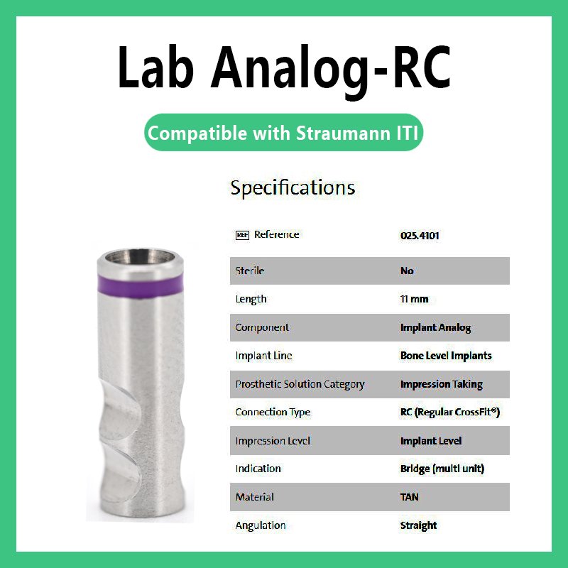 Lab Analog-RC compatible with Straumann ITI RC Bone Level Implant Analog, 11mm length, tan, for Regular CrossFit (RC) implants, used for impression components.