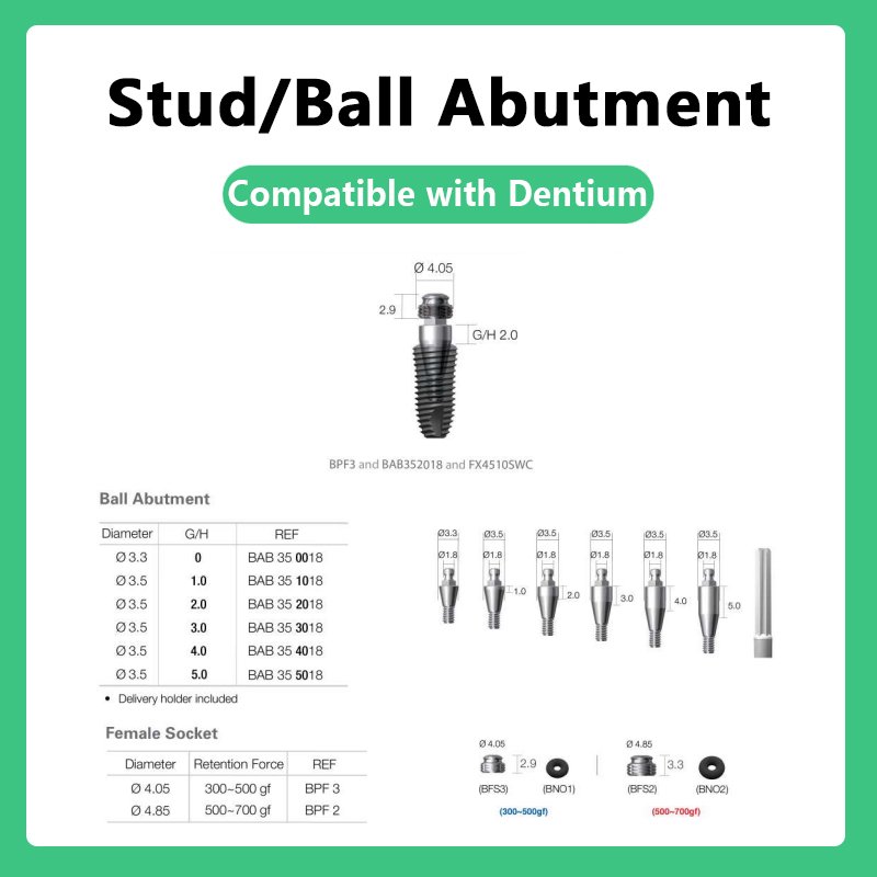 Stud/Ball Abutment compatible with Dentium Ball Abutment Diameter DØ3.3, DØ3.5 G/H: 0, 1.0, 2.0, 3.0, 4.0, 5.0 Ref. No.: BAB350018, BAB351018, BAB352018, BAB353018, BAB354018, BAB355018
