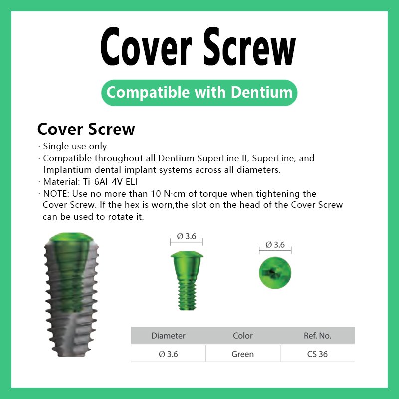 Cover screw compatible with Dentium single use only compatible with all Dentium SuperLine II SuperLine and Implantium dental implant systems across all diameters material Ti-6Al-4V ELI