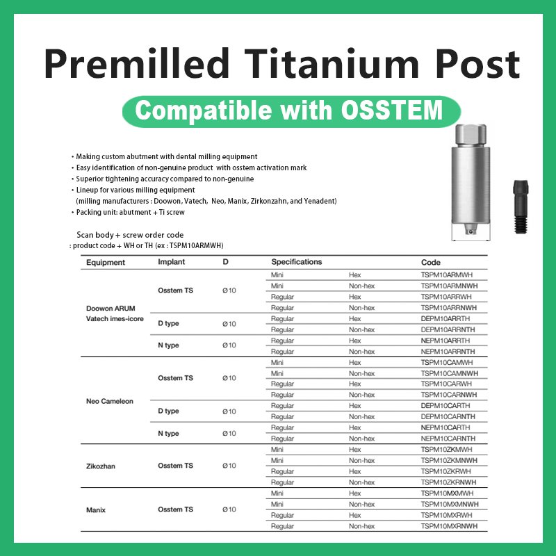 Premilled Titanium Post: Compatible with OSSTEM