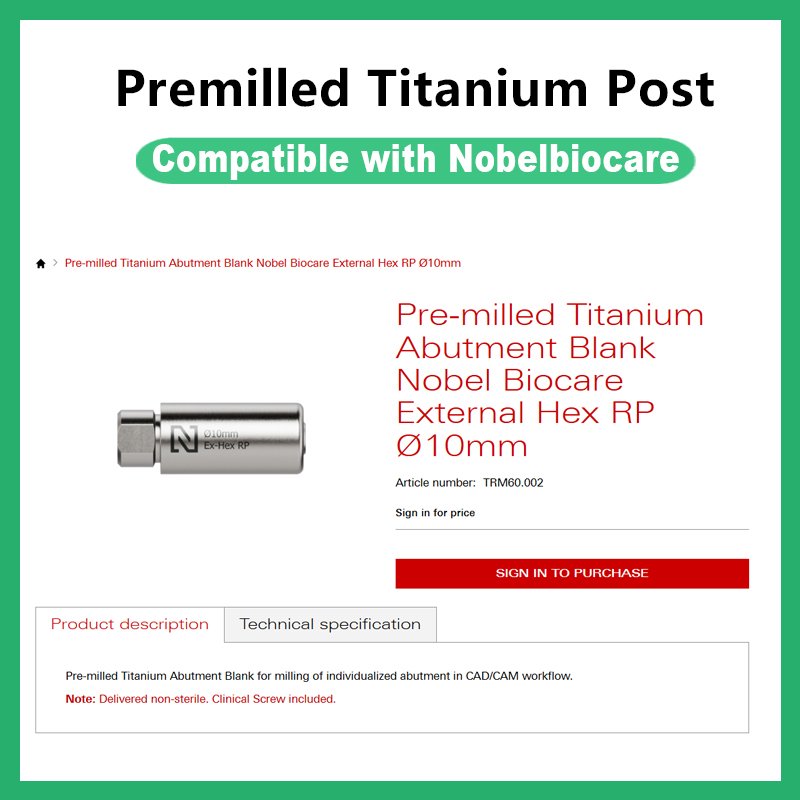 Premilled Titanium Post Compatible with Nobelbiocare HEX RPØ10