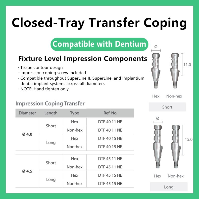 Fixture level impression components with tissue contour design and impression coping screw included compatible with all diameters of SuperLine II SuperLine and Implantium systems hand tighten only