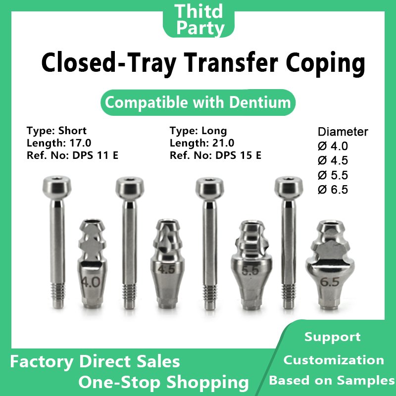 Closed tray transfer coping with screw compatible with SuperLine II SuperLine and Implantium systems hand tighten only